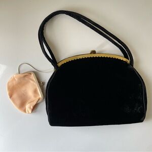 Vintage 50s Velvet Velour Black Handbag Purse with attached coin purse